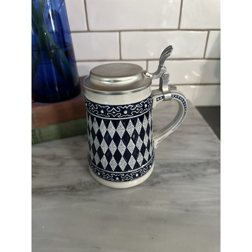Vintage Gerz W. German Stein Cobalt Blue & Grey Diamonds Pewter Lid Salt Glaze